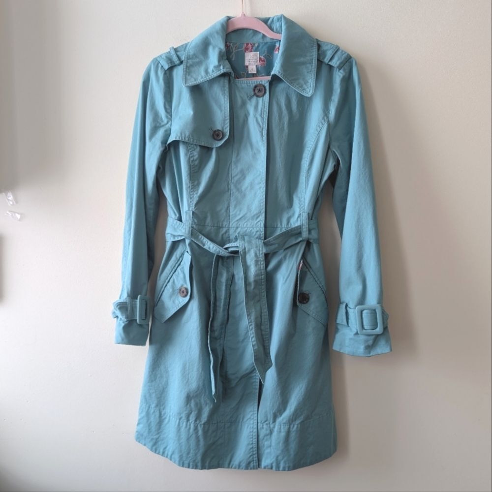 LC Lauren Conrad Bow Trench Coat Mint Teal Size 10 - Picture 2 of 8